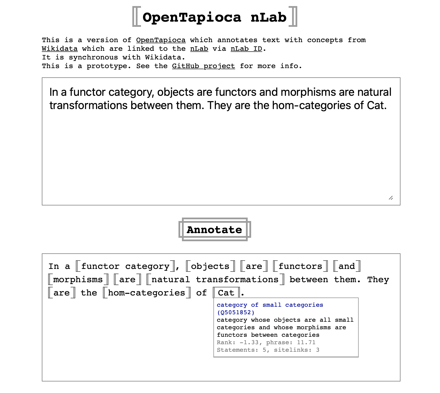 A screen capture from nLab.OpenTapioca. nLab.OpenTapioca takes text and annotates it by identifying categorical concepts. The concepts are WikiData entities, and each is linked to an nLab article.