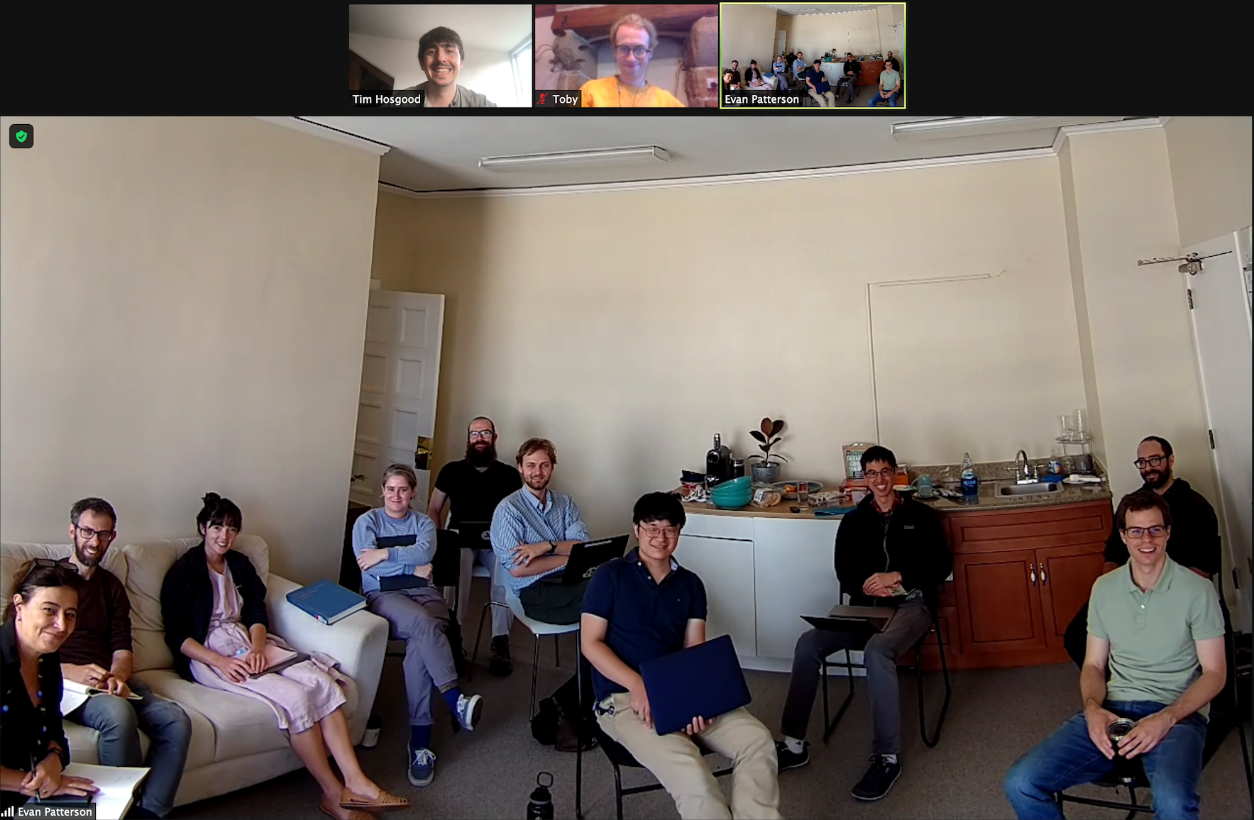 The seminar room at Topos Berkeley over the summer, with visitors and more permanent members all gathered together for some productive conversations