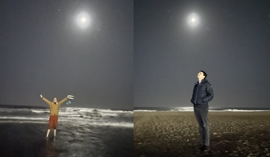 Neither Toby nor I had ever seen the Pacific ocean before, so Toby paddled in and ate some sort of exotic fruit (with Brendan, after he took this photo for us) while I settled with staring into the night sky (though I did at least touch the water before leaving).