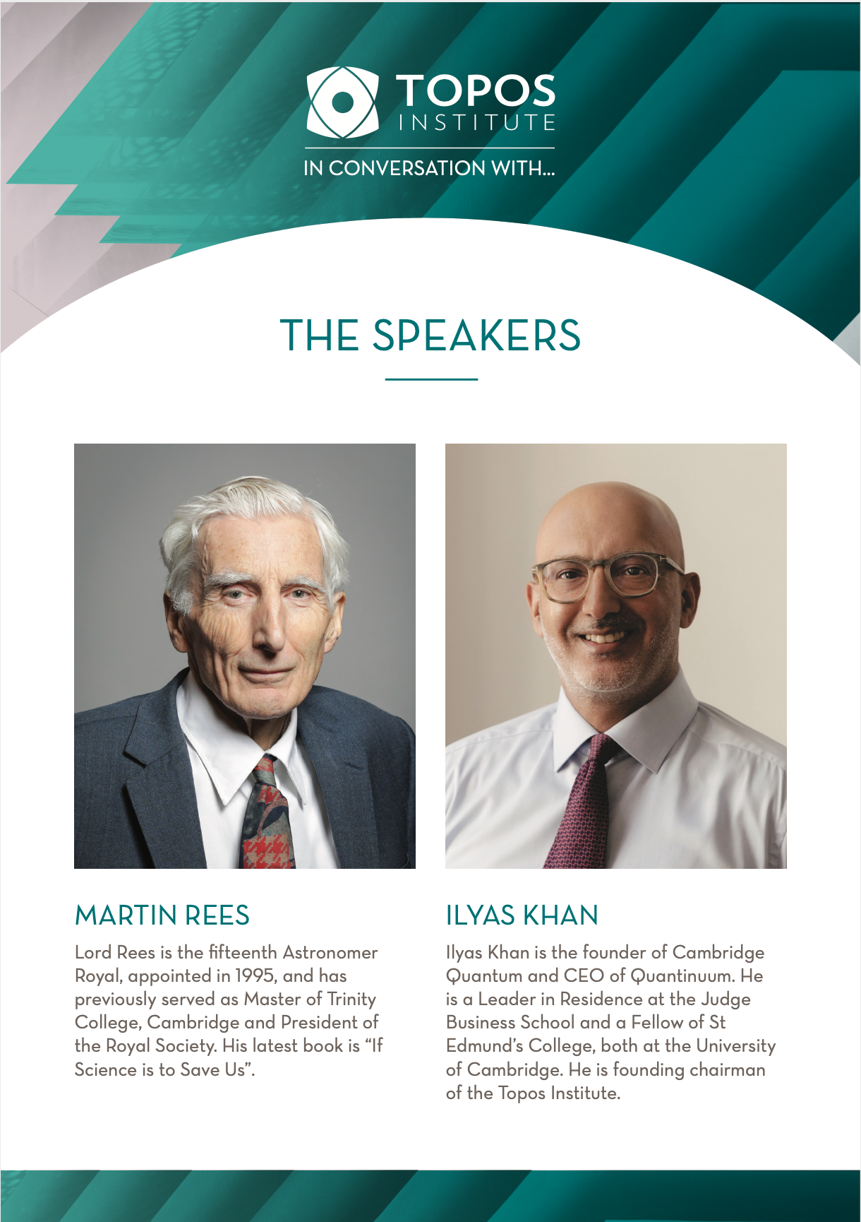 A page of the event invitation. with biographies of Lord Rees and Ilyas Khan