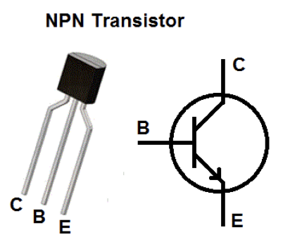 A picture of an NPN transistor and its circuit diagram